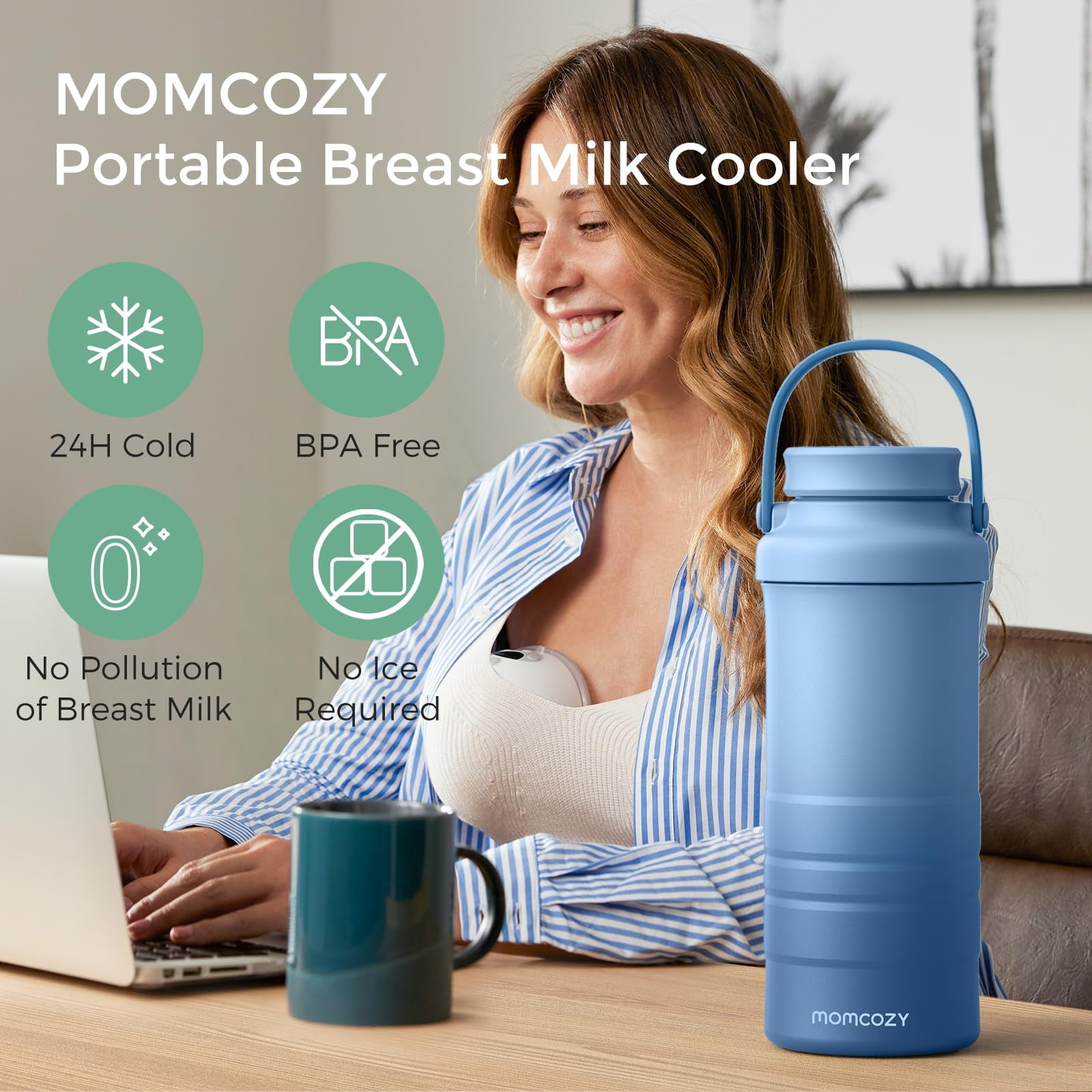Momcozy Breast Milk Cooler offers 24H+ extended cooling with 360° surround cooling tube technology, keeping breast milk fresh and nutrient-rich during outdoor activities. Simply freeze the tube for 1
