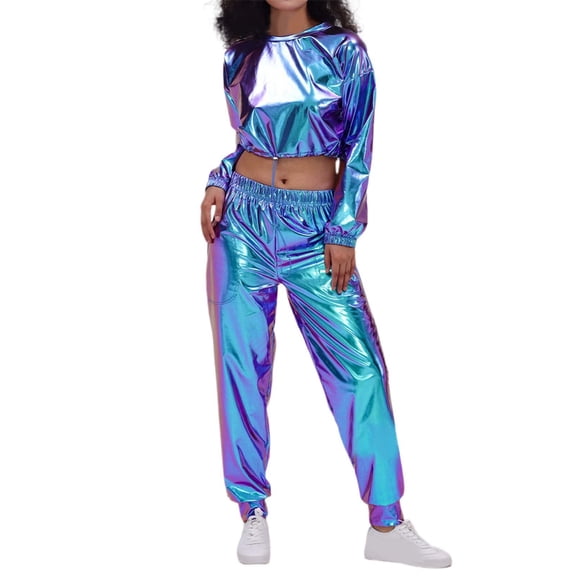 Women's Carnival Outfits Long Sleeve Shiny Metallic Tops Sweatshirts Club Wear - Polyester Spandex Blend, Sparkly Design, Adjustable Drawstring, Elastic Cuffs, Party/Casual