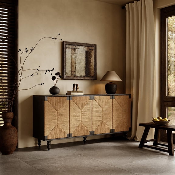 Demi Bonn Accent Natural Sideboard Buffet Cabinet Storage Wood TV Stand with Wire-Brushed Seagrass Doors for Hallway Entryway Dining Room, Brown