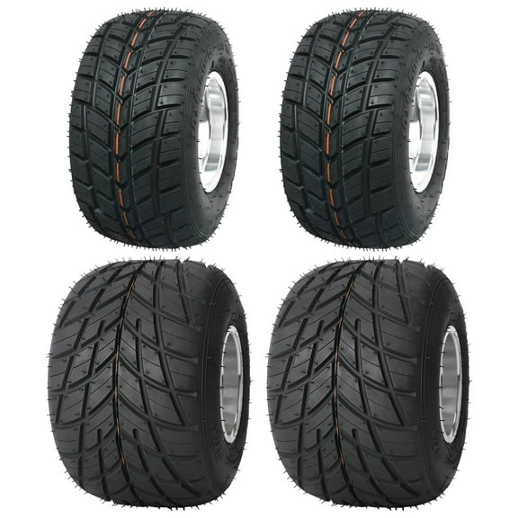 Set 4 Go Kart Tires and Rims, 10x4.50-5 Front Tubeless Tires Rims, 11x7.10-5 Rear Tires Rims, Go Cart Wheels and Tires Fit Bolt Pattern 58 mm with 3 Holes Drift Trike, Buggy Lawn Mower