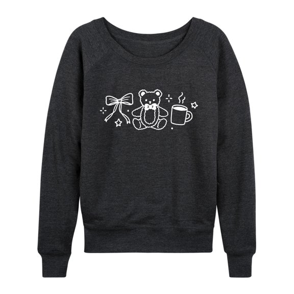 Instant Message - Teddy Bow Coffee Lightweight French Terry Wide Neck Long Sleeve Graphic Shirt