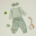 thumbnail image 4 of masbird Newborn Baby Girl Fall Outfits Rib Frill Long Sleeve Ruffled Romper Pants Headband Set 3Pcs Winter Clothes 0 3 6 12 18 24 Months(Light Green,6-12 M), 4 of 5