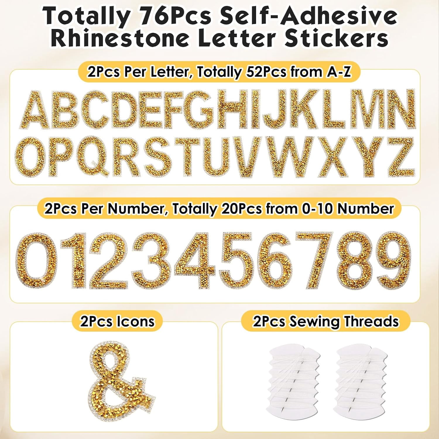 76 PCS Rhinestone Letter Stickers, 2.4 Inch Gold Glitter Alphabet Sticker with Sewing Kits, Self Adhesive A-Z & 0-9 Letter Number Stickers for DIY Arts and Crafts Decor, Clothes, Bags, Hats