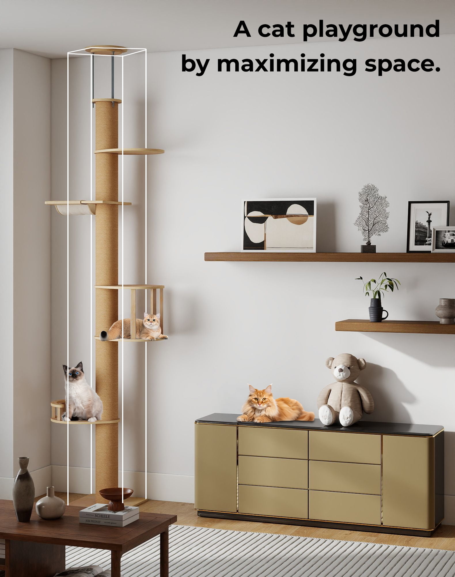 COZIWOW Floor-to-Ceiling Cat Tree, adjustable (89-112 inches), sturdy 5-tier tower for large cats. Features 4.33" scratching posts, hammock, platforms. Saves space, enriches indoor play.