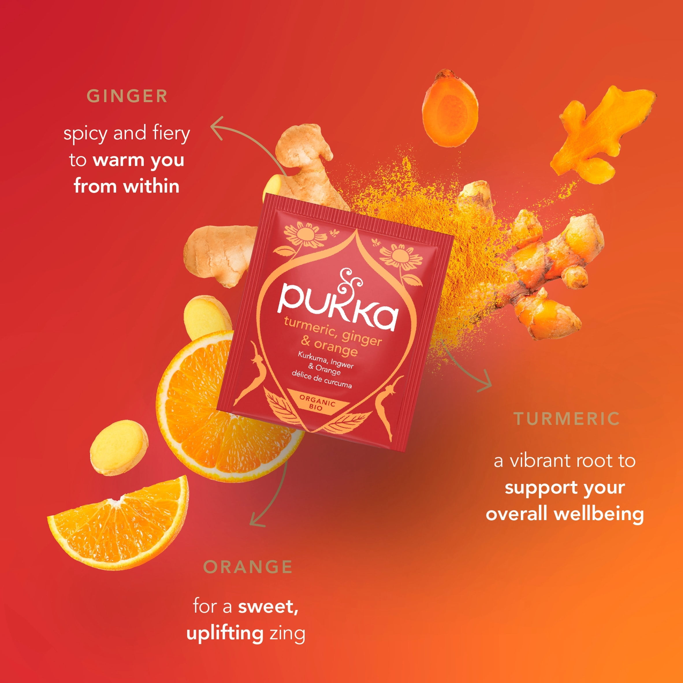 Pukka Organic Turmeric, Ginger & Orange Tea 20 Herbal Tea Bags 36g, Imported from Britain