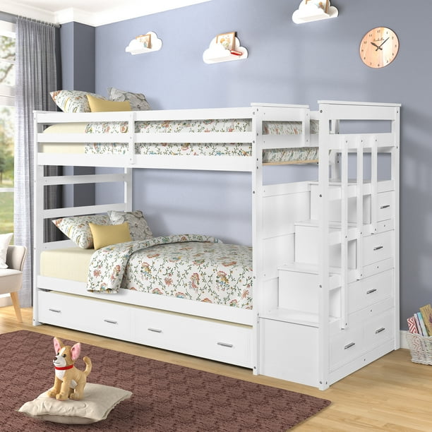 EUROCO Twin over Twin Bunk Bed with Trundle Storage Drawers, White