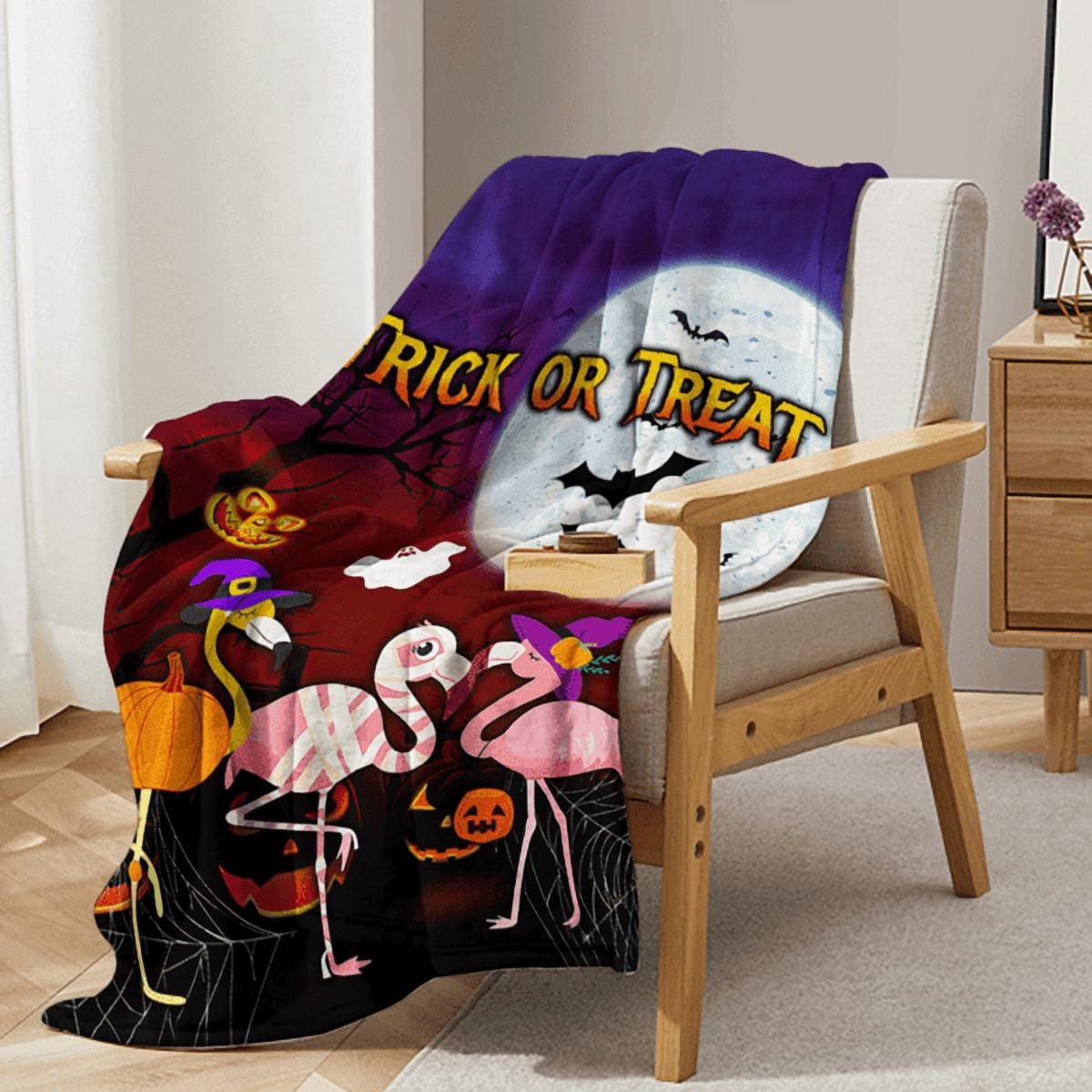 60x80IN Halloween Cartoon Flamingo Flannel Blanket Soft Lightweight for Sofa Office Bed Travel Gift