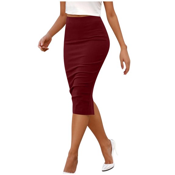 Women's work pencil skirt, stretchy, high-waisted, knee-length, slim-fitting, with a slit, suitable for both business and casual occasions.