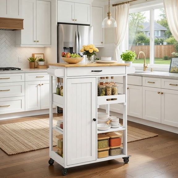 Aiho Kitchen Island with Storage, Mobile Kitchen Pantry Storage Cabinet with Drop Leaf，Door and Shelves for Kitchen,Dining Room and Bathroom - White