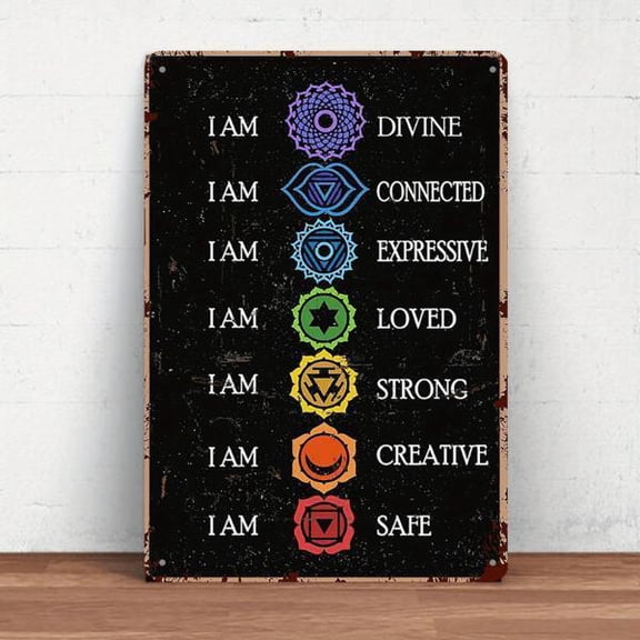 HELLOYOUNG Chakra Affirmation Metal Sign Rustic Vintage Style Cottagecore Dark Art Decor for Yoga Enthusiasts and Wiccans