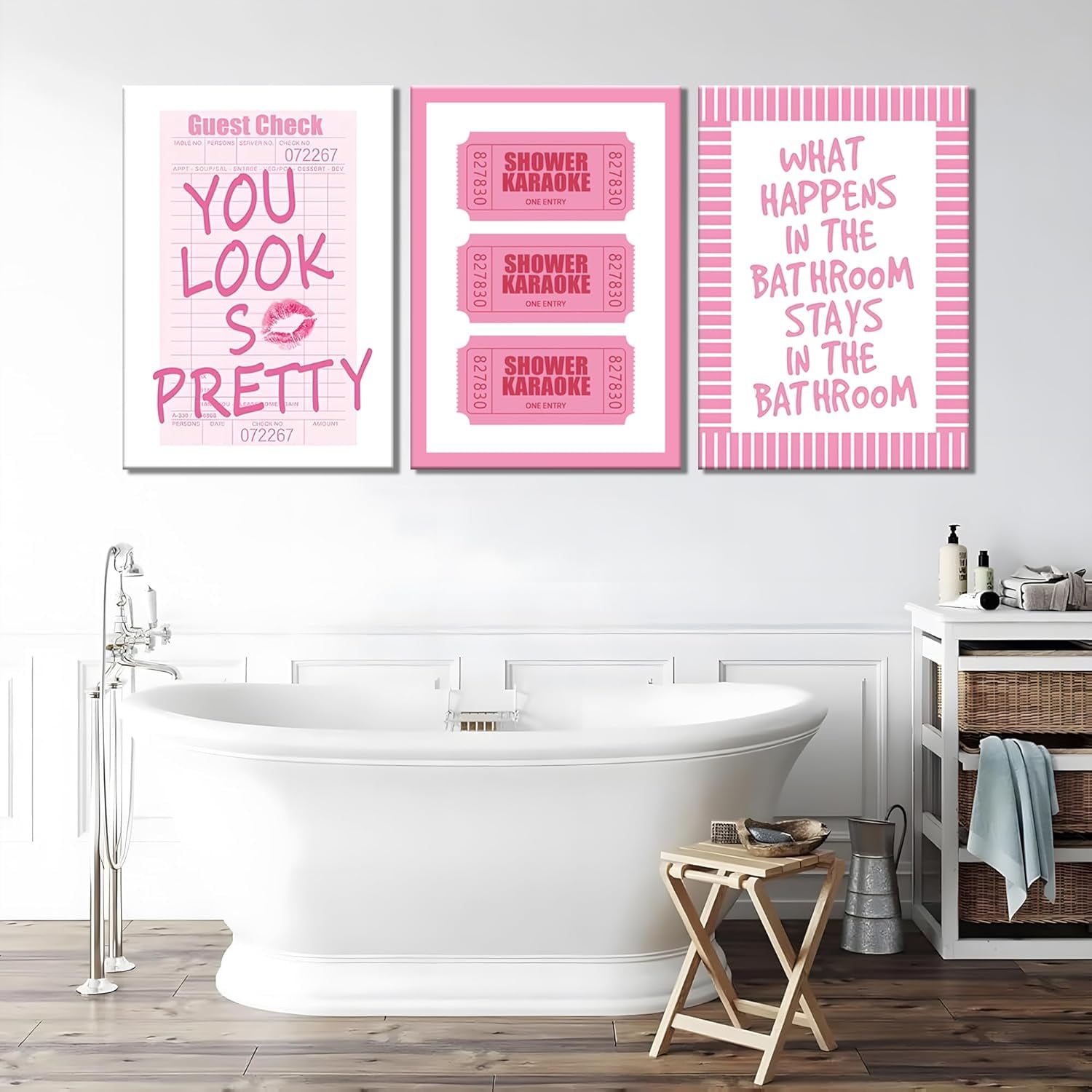 3Pcs Framed Preppy Pink Bathroom Wall Art Set, Funny Guest Check & Shower Karaoke Stamp Canvas Posters, Trendy Indie Pop Room Decor for Women Powder Room Restroom 12x16in