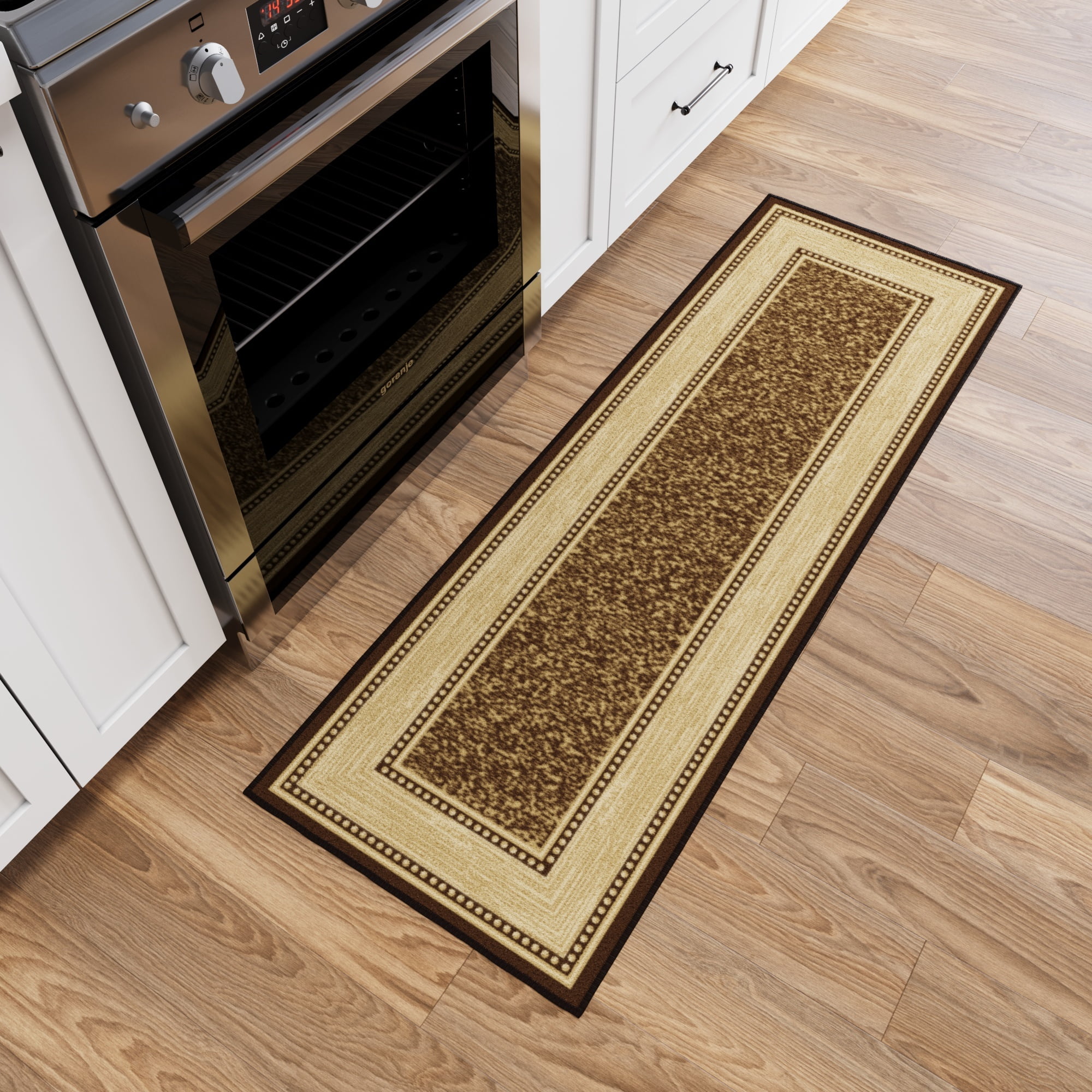 Ottomanson Border Bathroom Runner Rug 20" x 53" - Non Slip Low Pile Carpet, Brown