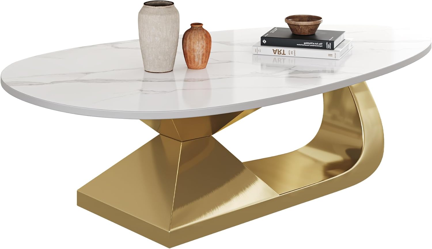 Tabaray Modern Oval Coffee Table Luxury Sintered Stone Top Coffee Table with Sculptural Geometric Stainless Steel Base,Mid-Century Marble Grain Center Table for Living Room,Gold