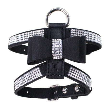 Dog Leather Harness Strap Pet Puppy Rhinestone Necklace Bow-knot Lead