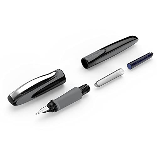 Schneider Ray Fountain Pen M (Medium), Refillable, Onyx Barrel, Royal Blue Erasable Ink Cartridge, Pack of 1 Pen (168207)