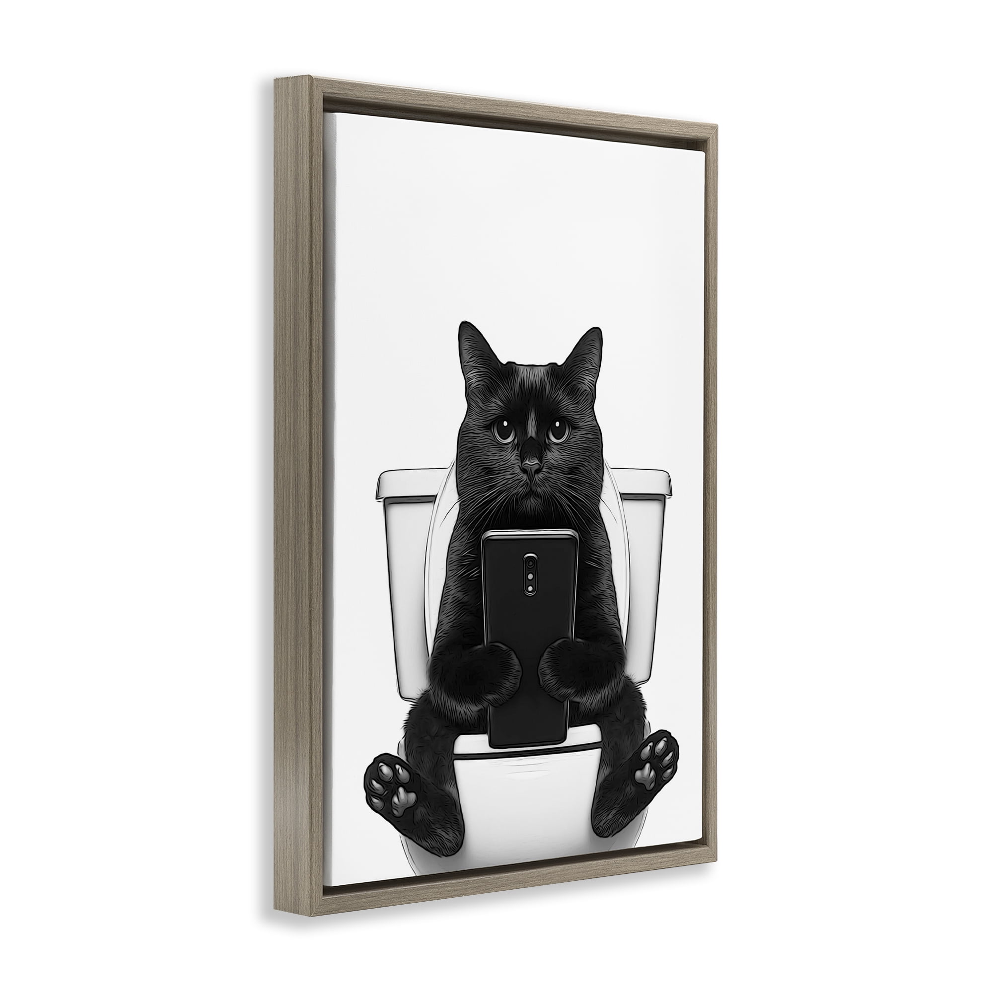 Stupell Industries Cat Texting on Toilet Typography Painting Brown Floater Framed Canvas Art Print Wall Art, 21 x 31