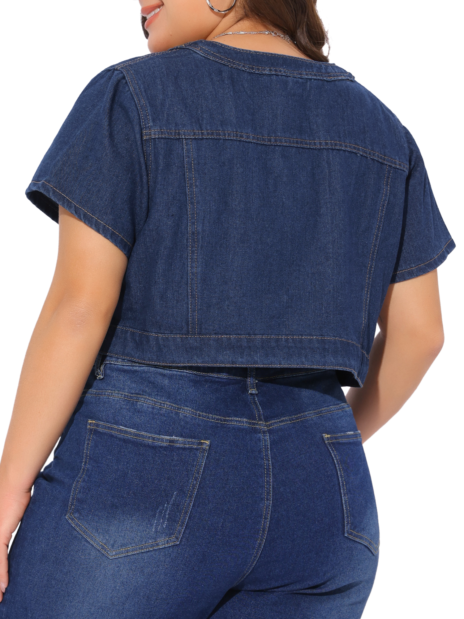 DARING DIVA Women's Plus Size Crew Neck Button Down Cropped Denim Vest 2X Dark Blue