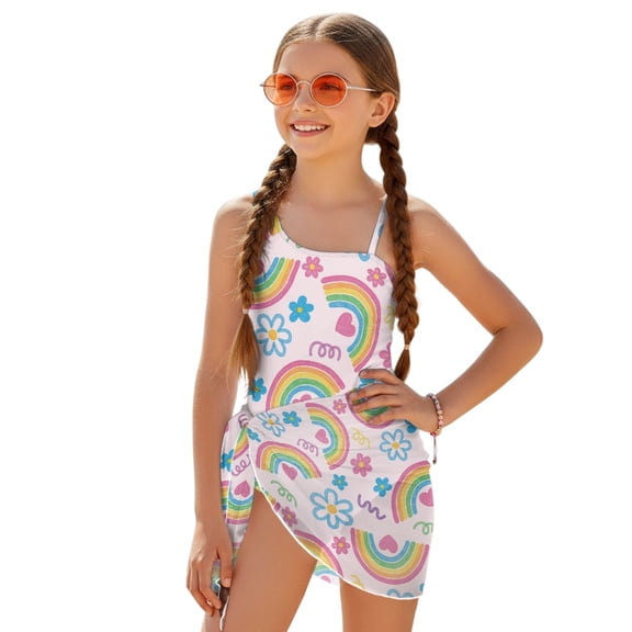 POLERO Girls' One-Piece Swimsuit with Mesh Cover Up - Cute Hand-Drawn Rainbow Floral Print - Quick Dry, Padded Swimwear for Beach & Pool Vacation (7-18 Years)
