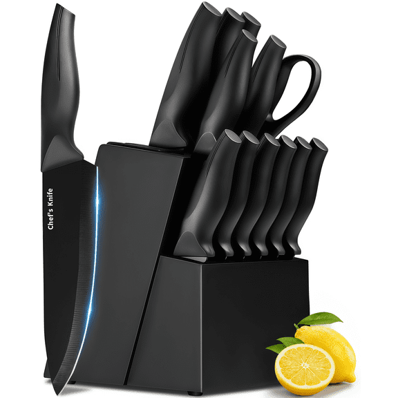Xanapon 13-Piece Knife Set for Kitchen, Built-in Sharpener Block, German Stainless Steel, Dishwasher Safe, Black