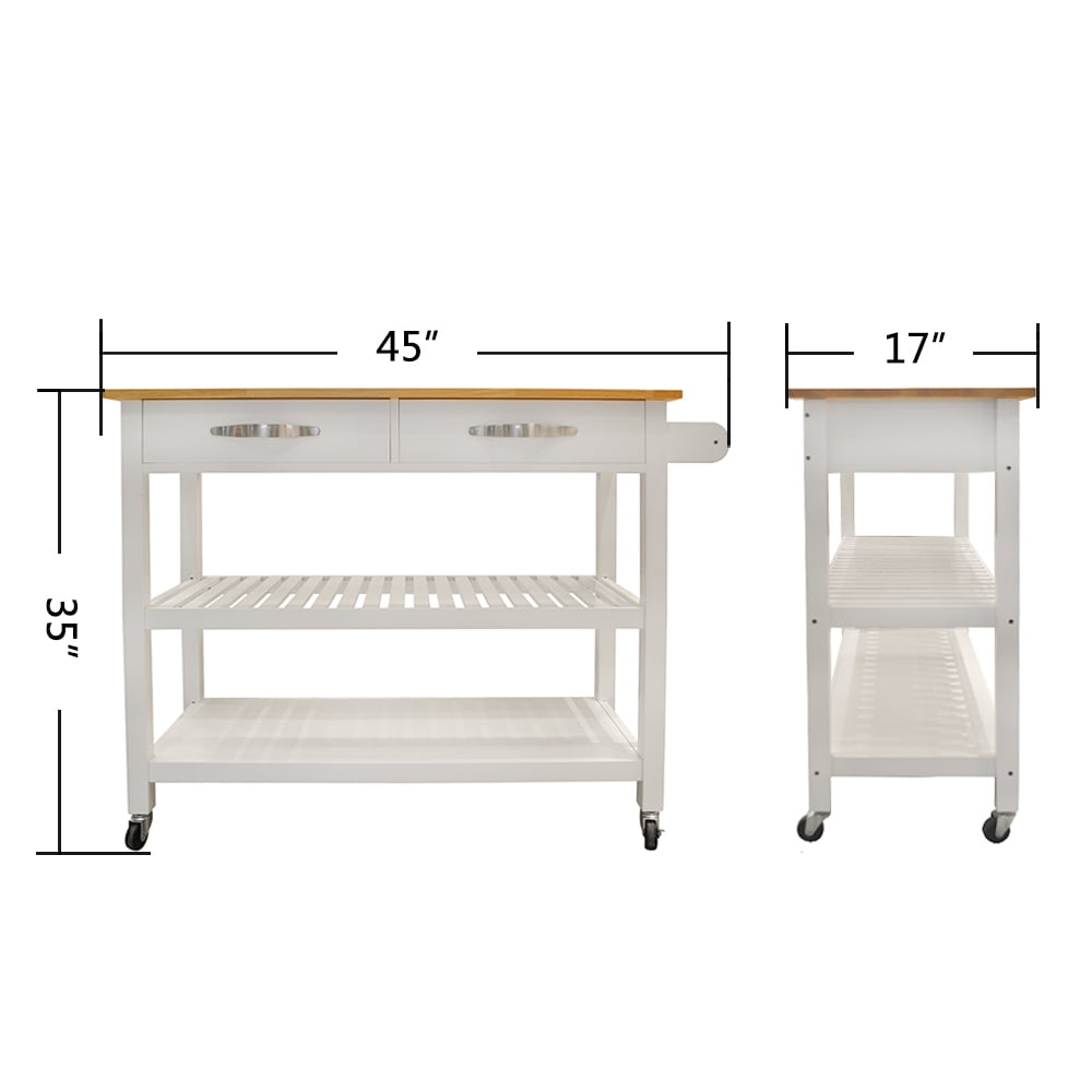 Highsound Wooden Kitchen Island Cart with Lockable Wheels, 3 Tier Utility Kitchen Storage Carts Table with 2 Drawers