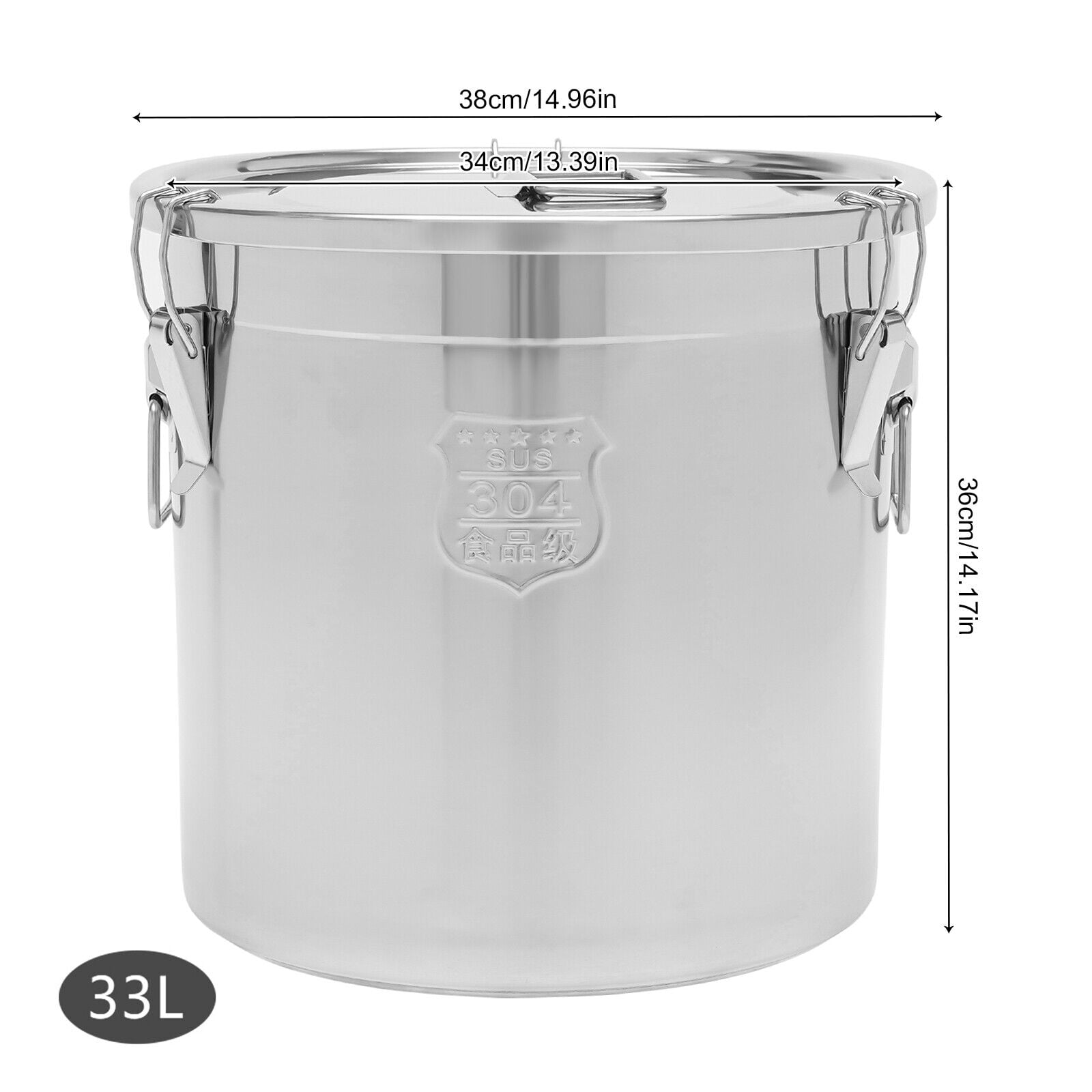 33L Stainless Steel Cylinder Airtight Canister Kitchen Storage Bucket Dry Food 7.26gal Container