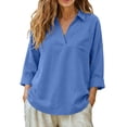 thumbnail image 2 of Crunowin Womens V-neck Linen Shirts, Spring Summer Blouse Top with Pockets Blue 3XL, 2 of 7