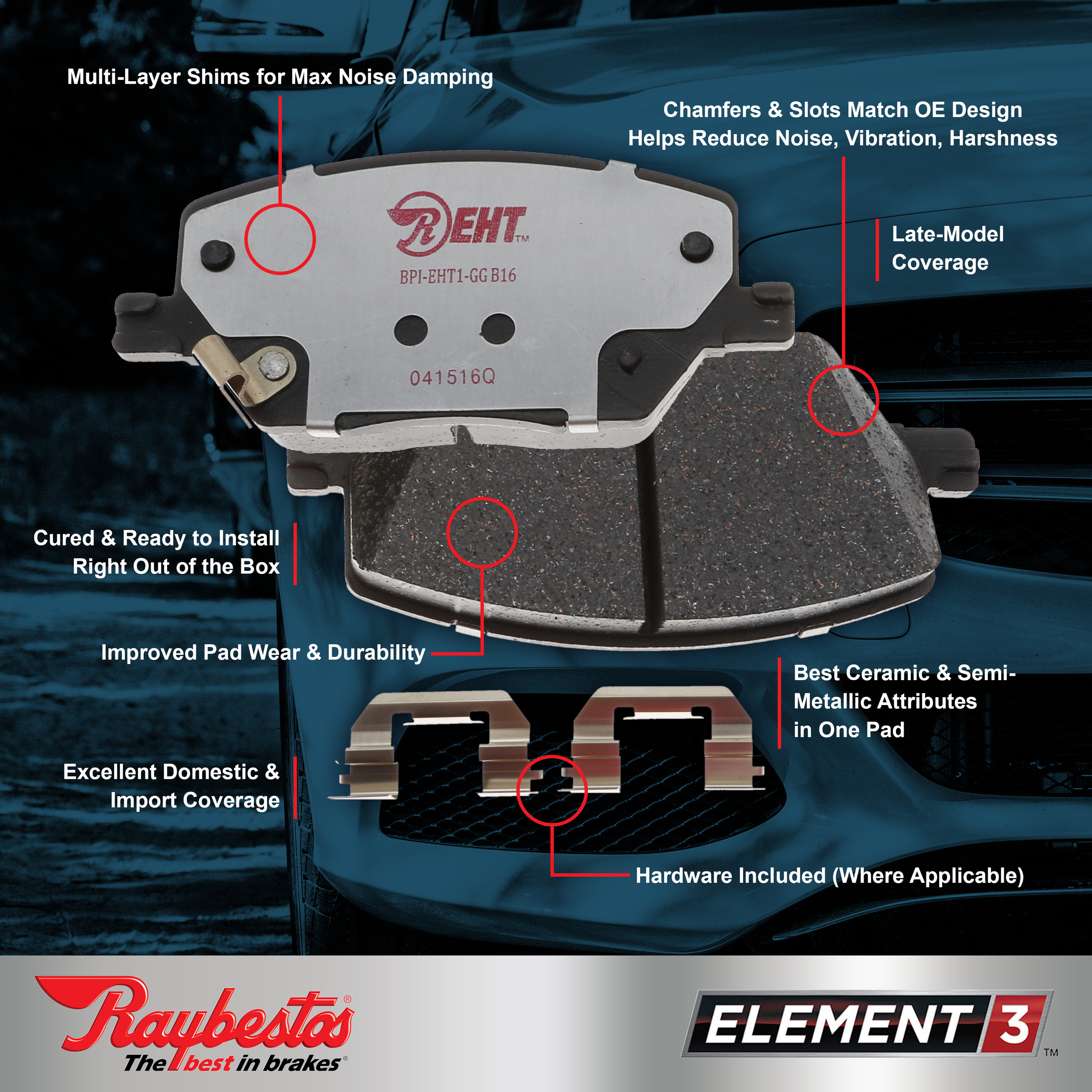 Raybestos Element3 PG Brake Pads Fits select: 1991-1992 TOYOTA MR2 - image 2 of 4