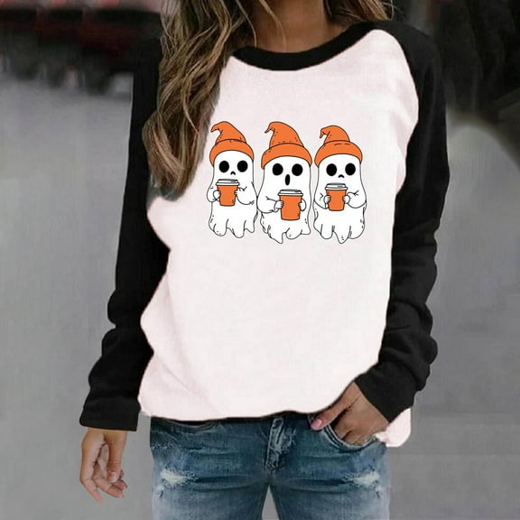HOOJT Womens Halloween Sweatshirts Oversized Loose Long Sleeve Shirts Fall Round-Neck Blouses Cute Funny Printed Sweaters Crewneck Pullover Top Halloween Costumes