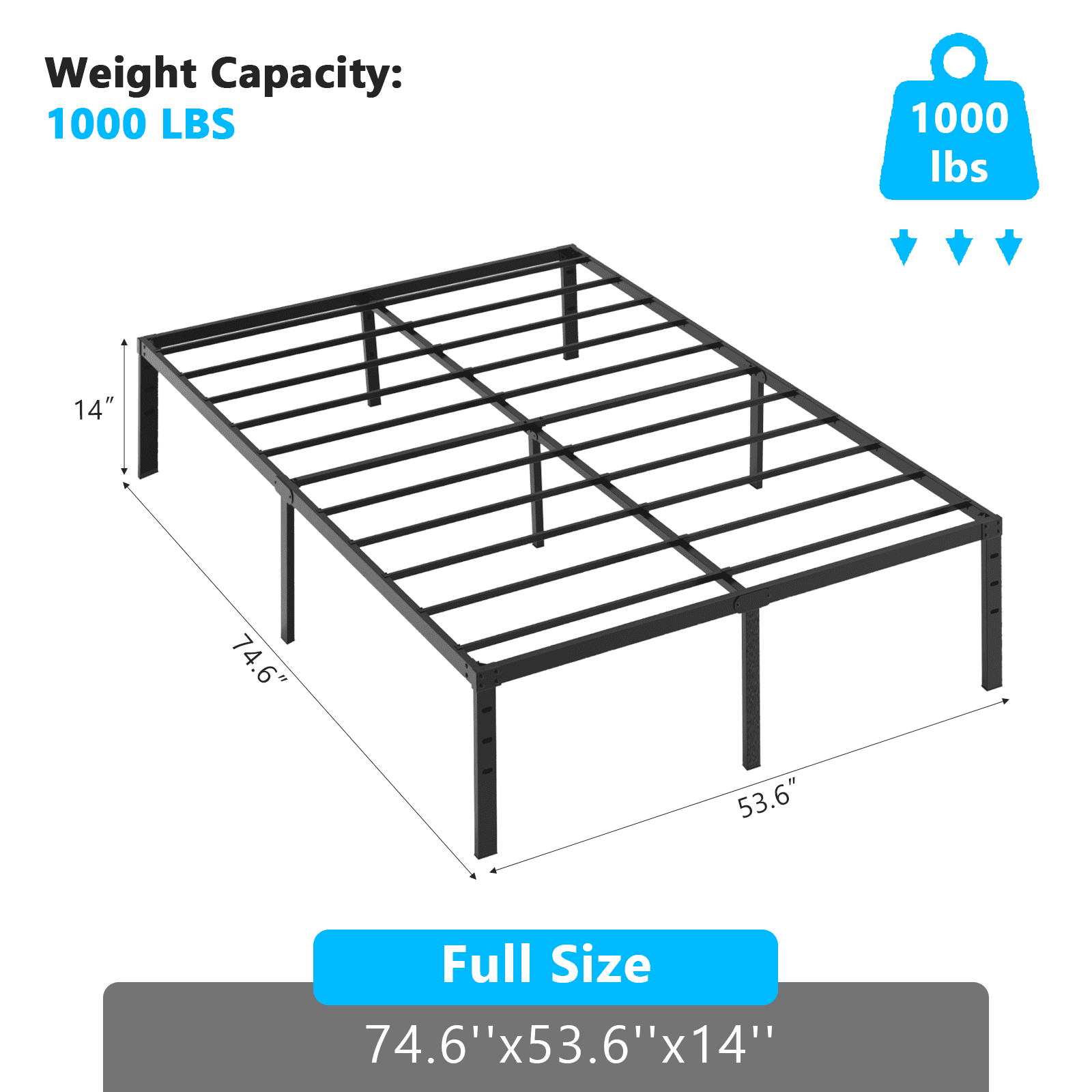 Full Size 14 Inch High Metal Platform Bed Frame Heavy Duty Steel Slat Support No Box Spring Required Noise-Free Underbed Storage Bed Base