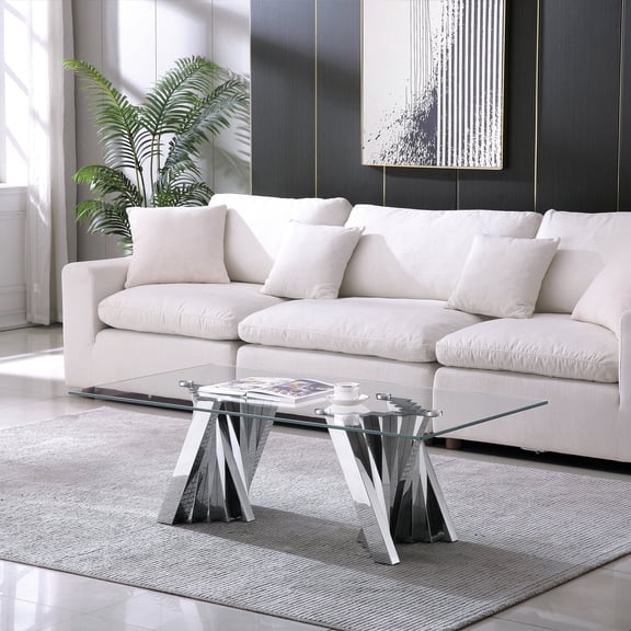 51" Glass Coffee Table with Rectangular Tempered Glass Top & Flash-Shaped Irregular Stainless Steel Base, Central Table, Cocktail Table, Tea Table for Living Room, Office.