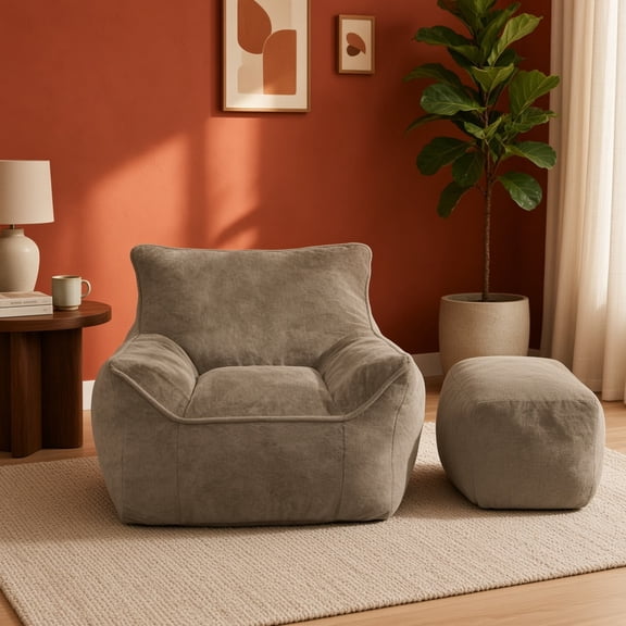 Soft Tufted Faux Fur Bean Bag Chair with High-Resilience Foam Filling, Comfy Lazy Floor Sofa for Living Room Bedroom, Light Coffee
