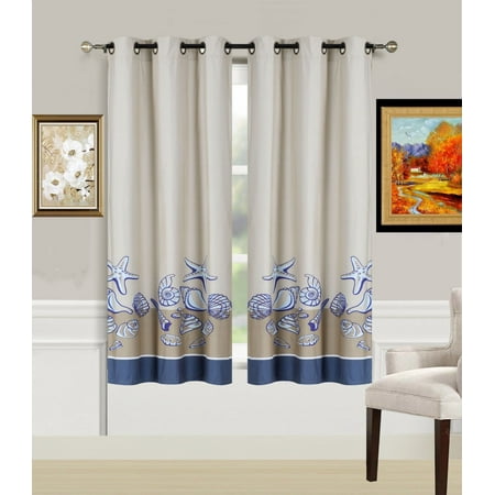 - 2-Piece SHELL Printed Lined Blackout Grommet Window Curtain Treatment, Set of Two (2) Beautiful Ocean Sea Shells Room Darkening Panels 37