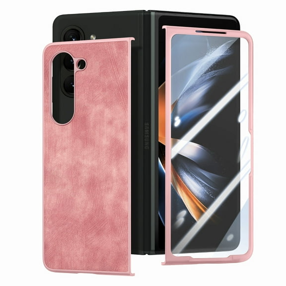 ELEHOLD for Samsung Galaxy Z Fold5 Leather Case with Screen Protector, Vintage Premium PU Leather Case Shockproof Anti-Scratches Skin-Friendly Cover for Samsung Galaxy Z Fold5, Pink