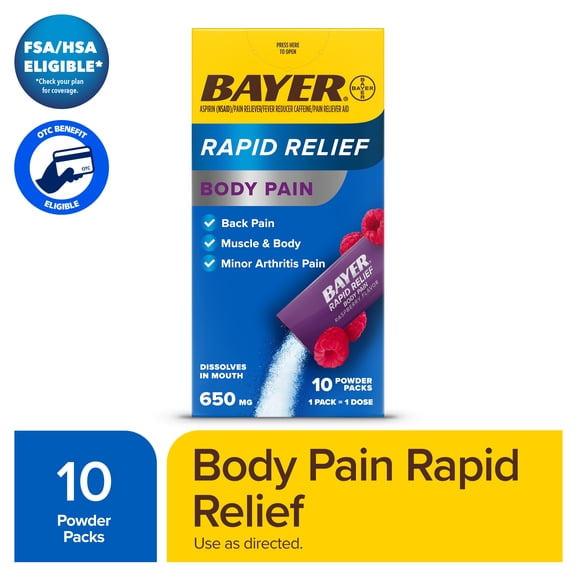Bayer® Rapid Relief Body Pain Powder Packs with Aspirin & Caffeine, Raspberry Flavor, 10 Count