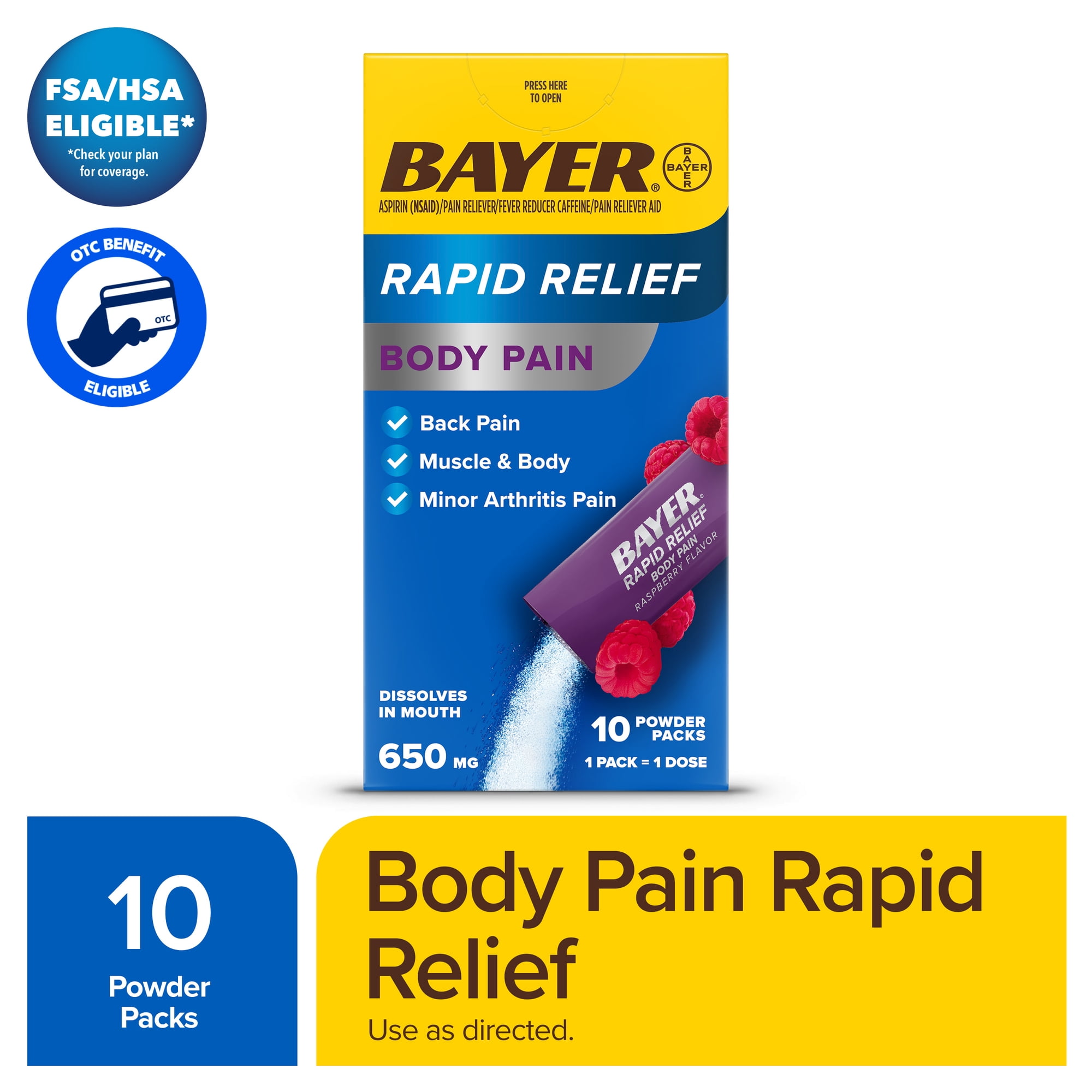 Bayer® Rapid Relief Body Pain Powder Packs with Aspirin & Caffeine, Raspberry Flavor, 10 Count