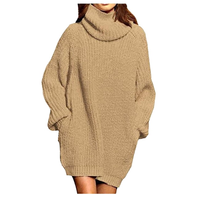 Aocisk Robe à Col Roulé pour Femmes avec Poches, Robe Midi à Manches Longues pour l'Automne et l'Hiver, Kaki, TG