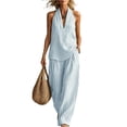 thumbnail image 2 of Linen Sets for Womens 2 Piece Outfits Casual Minimalist Halter Neck Top and High Waisted Wide Leg Pants Travel Matching Sets, 2 of 8