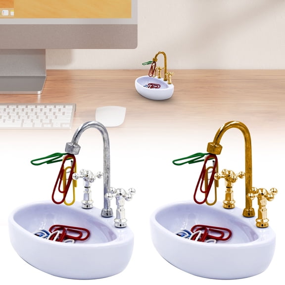 SeekLGT Gold Washbasin Paper Clip Holder Creative Magnetic Desk Organizer with 12 Paperclips for Home Office Dollhouse Furniture