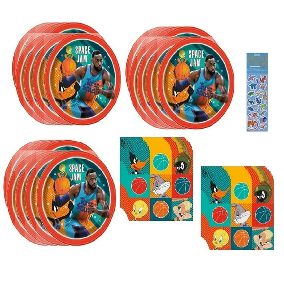 Space Jam Birthday Party Supplies Bundle includes 24 Lunch Large Paper Plates 9", 32 Napkins, 1 Dinosaur Sticker Sheet