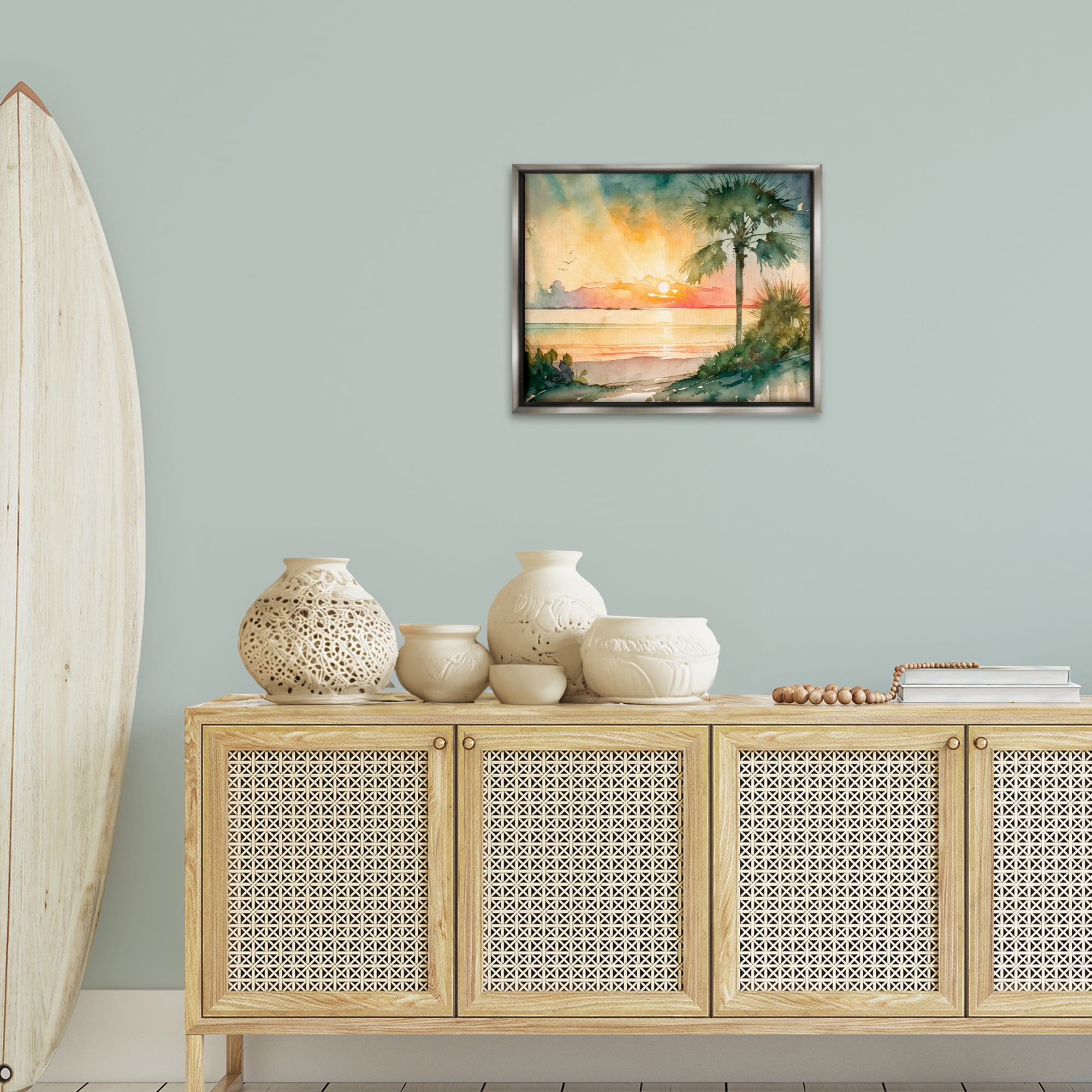 Stupell Industries Sunrise Through Palms Landscape & Nature Painting Gray Floater Framed Canvas Art Print Wall Art, 21 x 17
