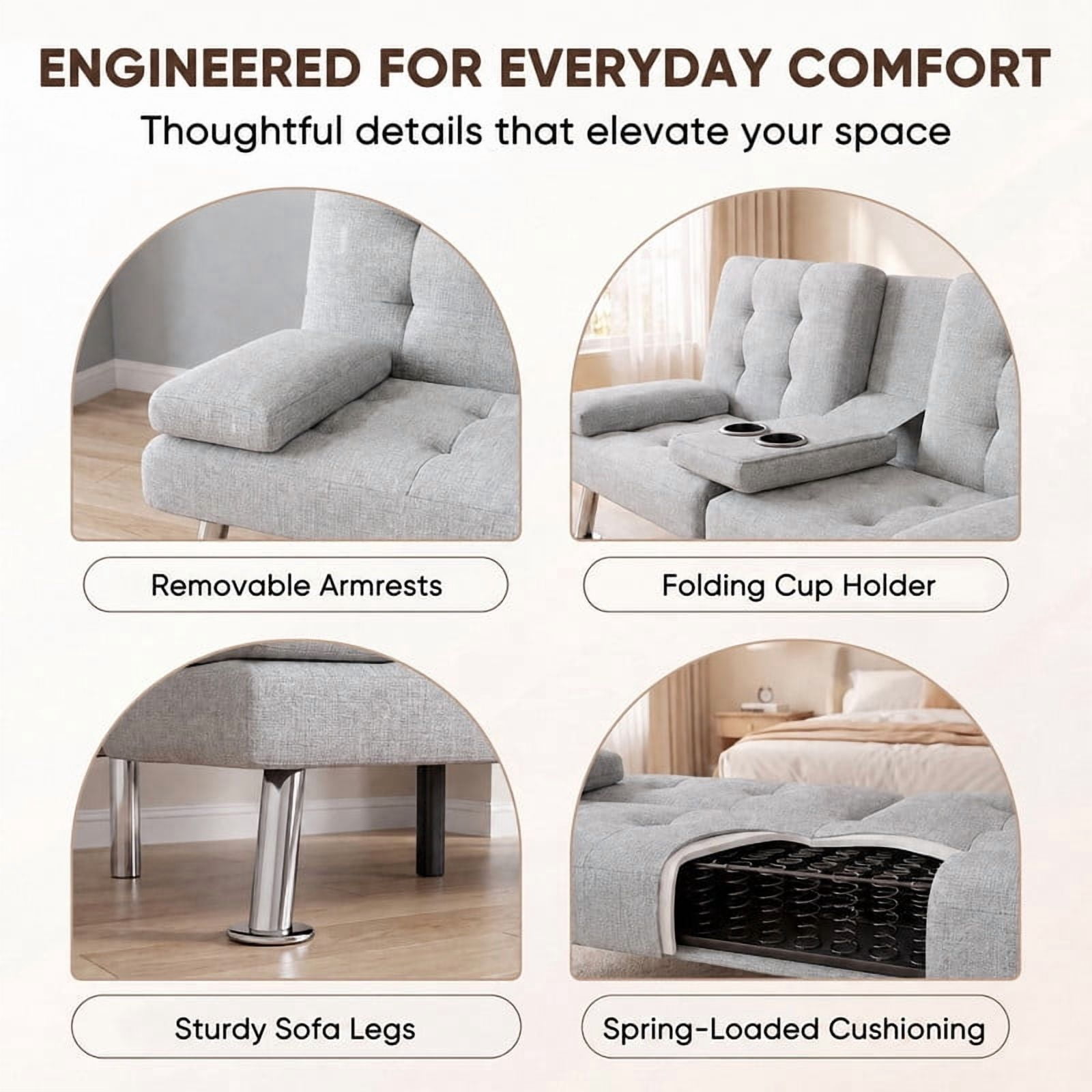 Lacoo Futon Sofa Bed, Linen Convertible Couch Sleeper Sofa, Cup Holders, Small Spaces,Gray