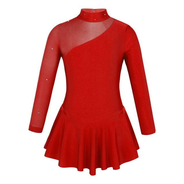 inhzoy Robe de Patinage Artistique pour Filles Manches Longues avec Strass Robe de Danse Ballet Justaucorps de Gymnastique Rouge 14