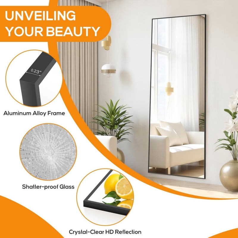 Gleamira 64"x21" Rectangle Full Length Mirror Floor Mirror Free Standing Mirror with Metal Frame, Black
