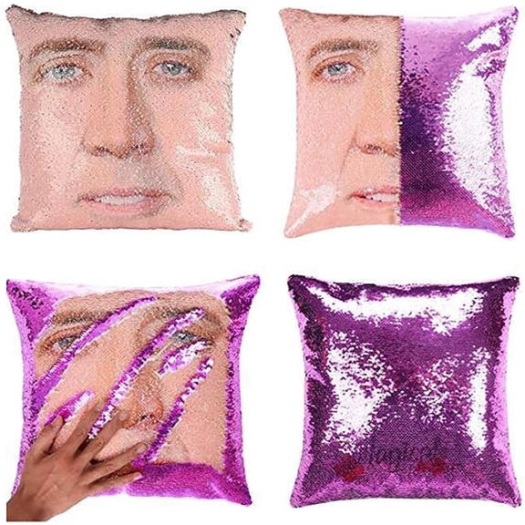Nicolas Cage Sequin Throw Pillow Cover Magic Reversible Funny Sequin Pillow Case Decorative Cushion Cover 16x16 Inches (Black)