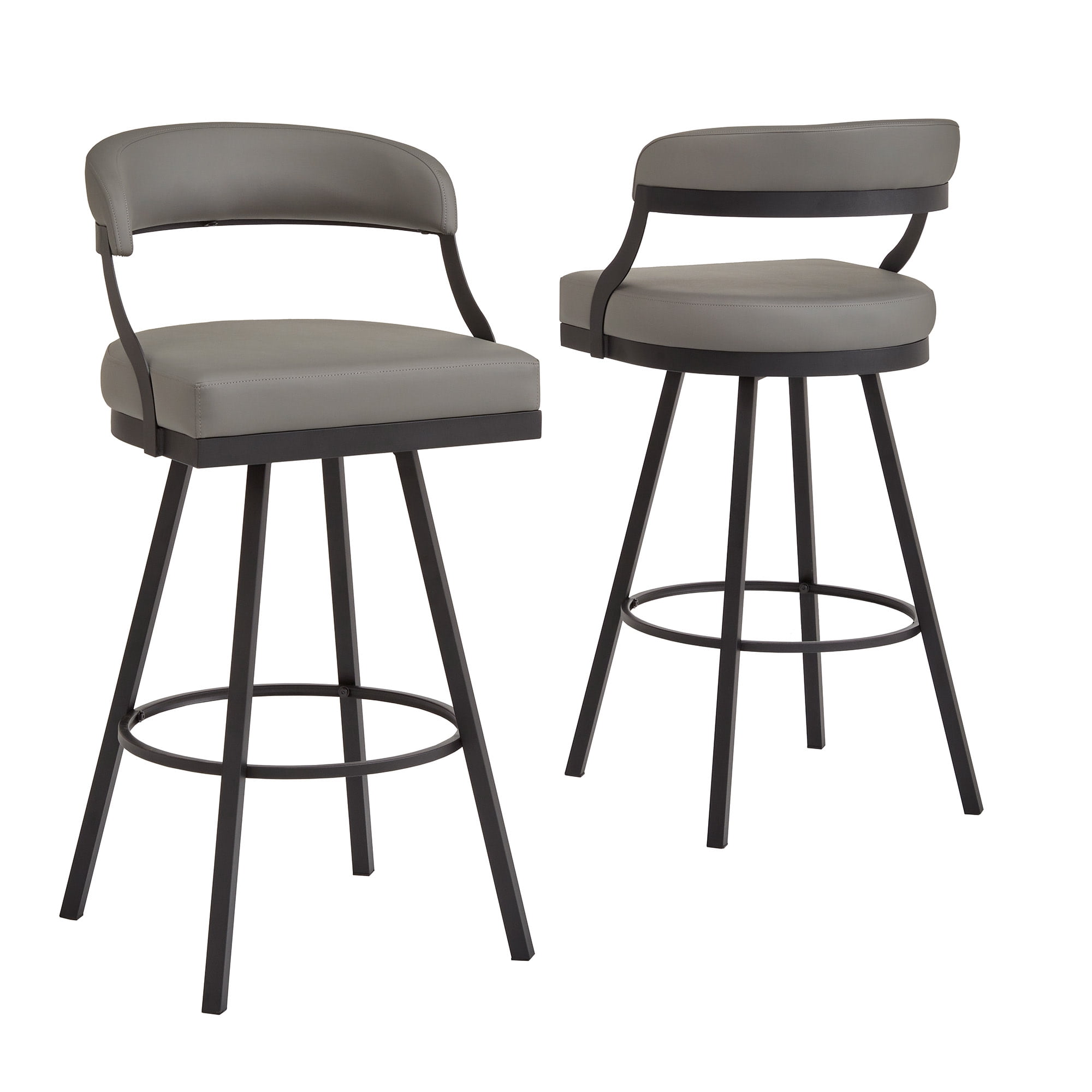 Weston Home Jala Black Finish Metal Vegan Leather Swivel Bar Height Chair, Set of 2, Gray