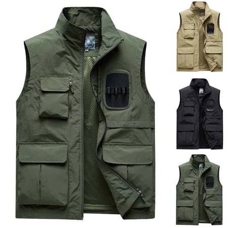 safuny Fall Sleeveless Stand Collar Lightweight Fishing Travel Vest for Men Golf Jacket Multi Pockets Photo Cargo Vest Hiking Workout Zipper Outerwear Vests Green L