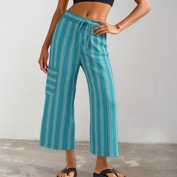 WILLBEST Pantalones Palazzo de Verano para Mujer, Informales, de Pierna Ancha, Cintura Alta, Holgados, a Rayas, para Playa, para Viajes, con Estilo y Comodidad Diarios. Extra Grande