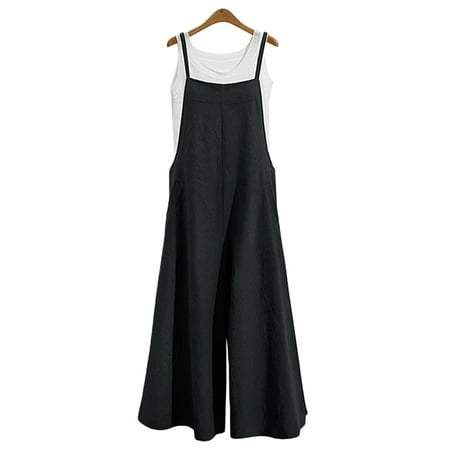 - Jumpsuits for Women Casual Cotton Jumpsuit Long Suspender Twin Side Bib Wide Leg Overalls Pants Plus Size