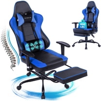 JONPONY Big and Tall Gaming Chair with Footrest 400lbs Massage Gamer Chair with Memory Foam Adjustable Tilt Back Angle & Armrest, High Back Leather Computer Office Chair，Blue