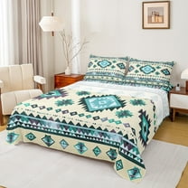 Manfei Bohemian Aztec Adult Twin Sheet Sets, Cyan Triangle Stripes Twin Fitted Sheet, Hippie Tribal Style Flat Sheet, Luxury Bedroom Decor, 3 Pieces